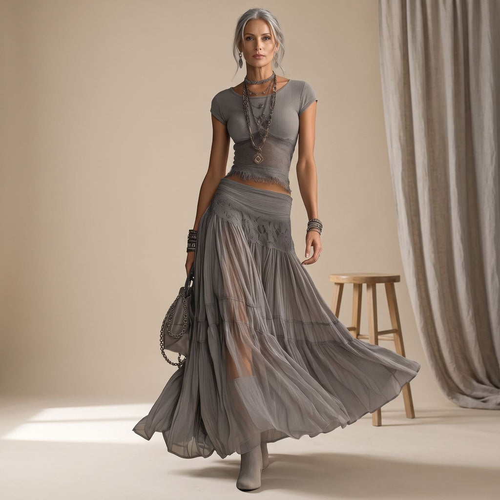 Women's Two Piece Maxi Skirt Set Lace Crop Top Chiffon Pleated Long Skirt - Gray