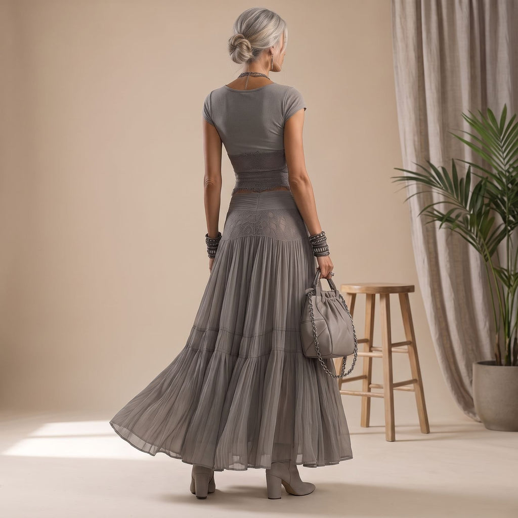 Women's Two Piece Maxi Skirt Set Lace Crop Top Chiffon Pleated Long Skirt