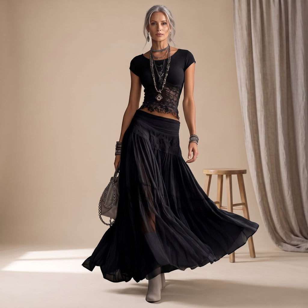 Women's Two Piece Maxi Skirt Set Lace Crop Top Chiffon Pleated Long Skirt - Black