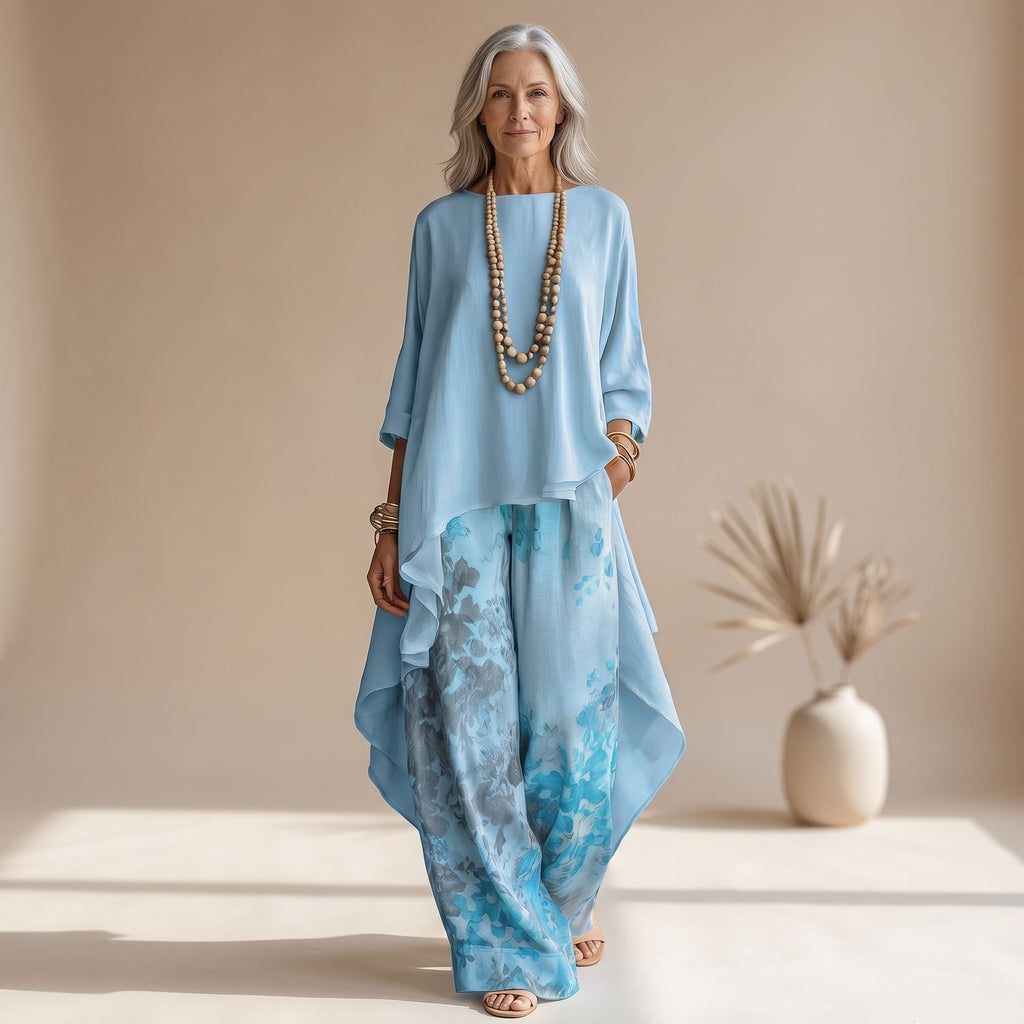 Women's Two Piece Set Asymmetrical Top Wide-Leg Floral Pants - Blue