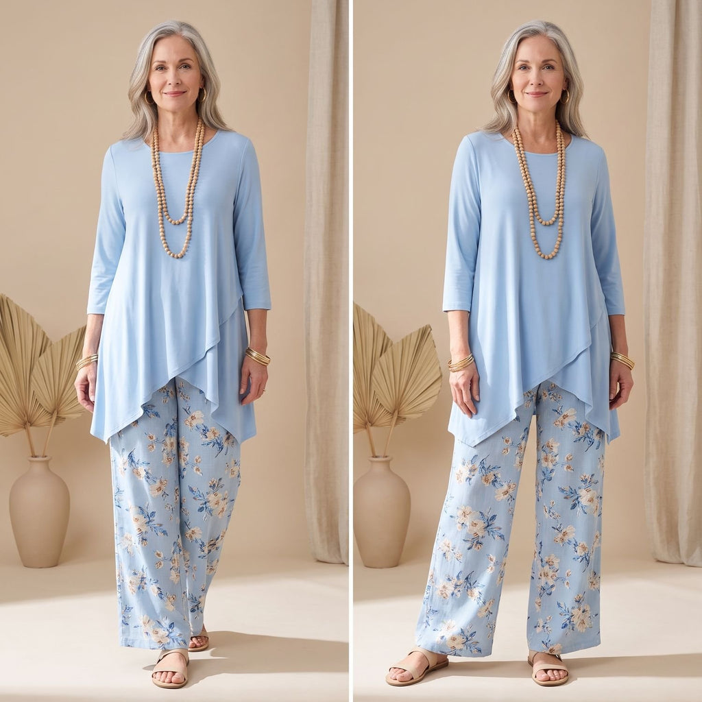 Women's Two Piece Set Asymmetrical Top Wide-Leg Floral Pants