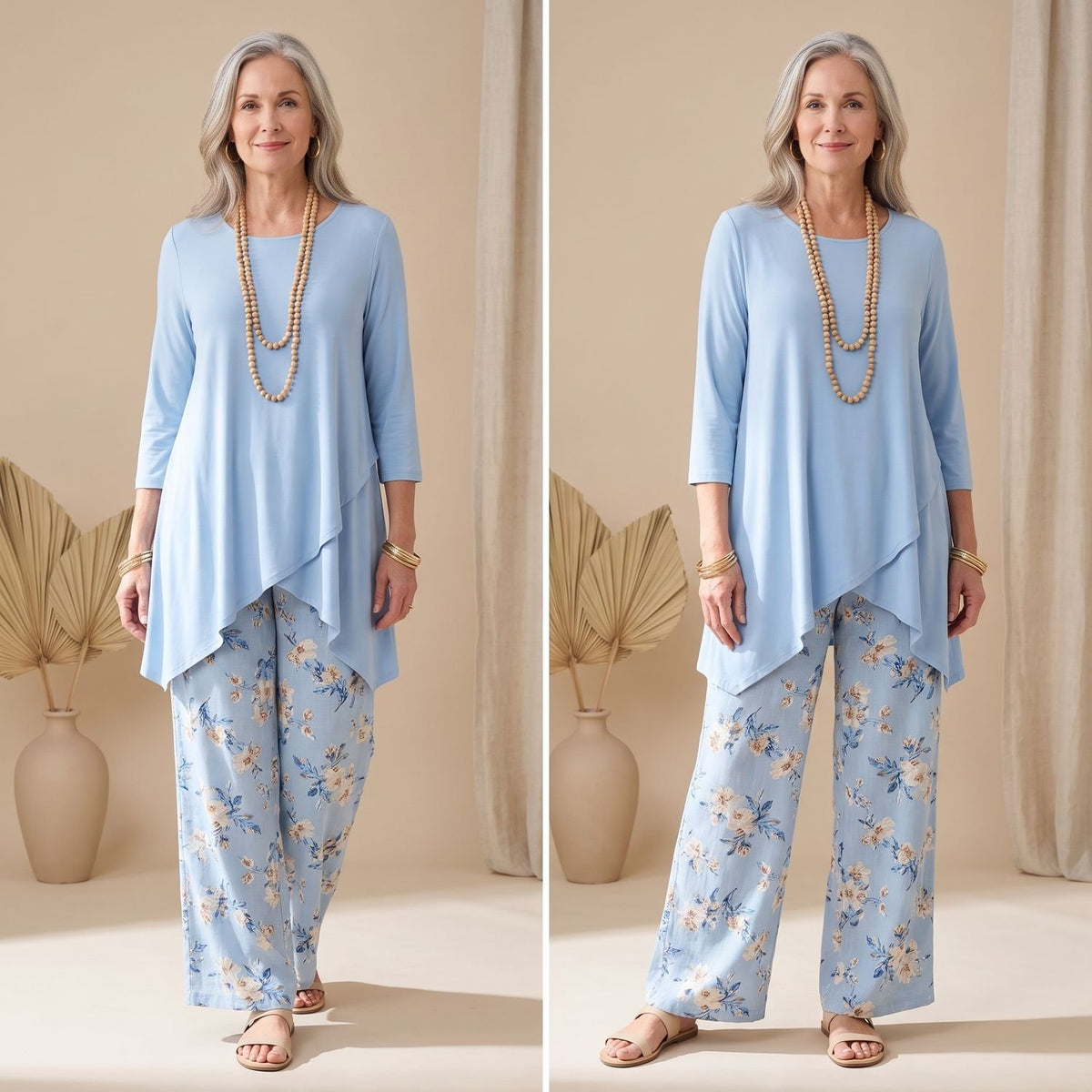 Women's Two Piece Set Asymmetrical Top Wide-Leg Floral Pants
