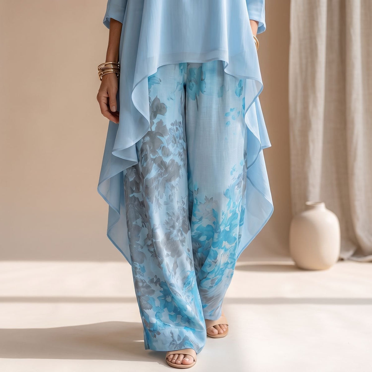 Women's Two Piece Set Asymmetrical Top Wide-Leg Floral Pants