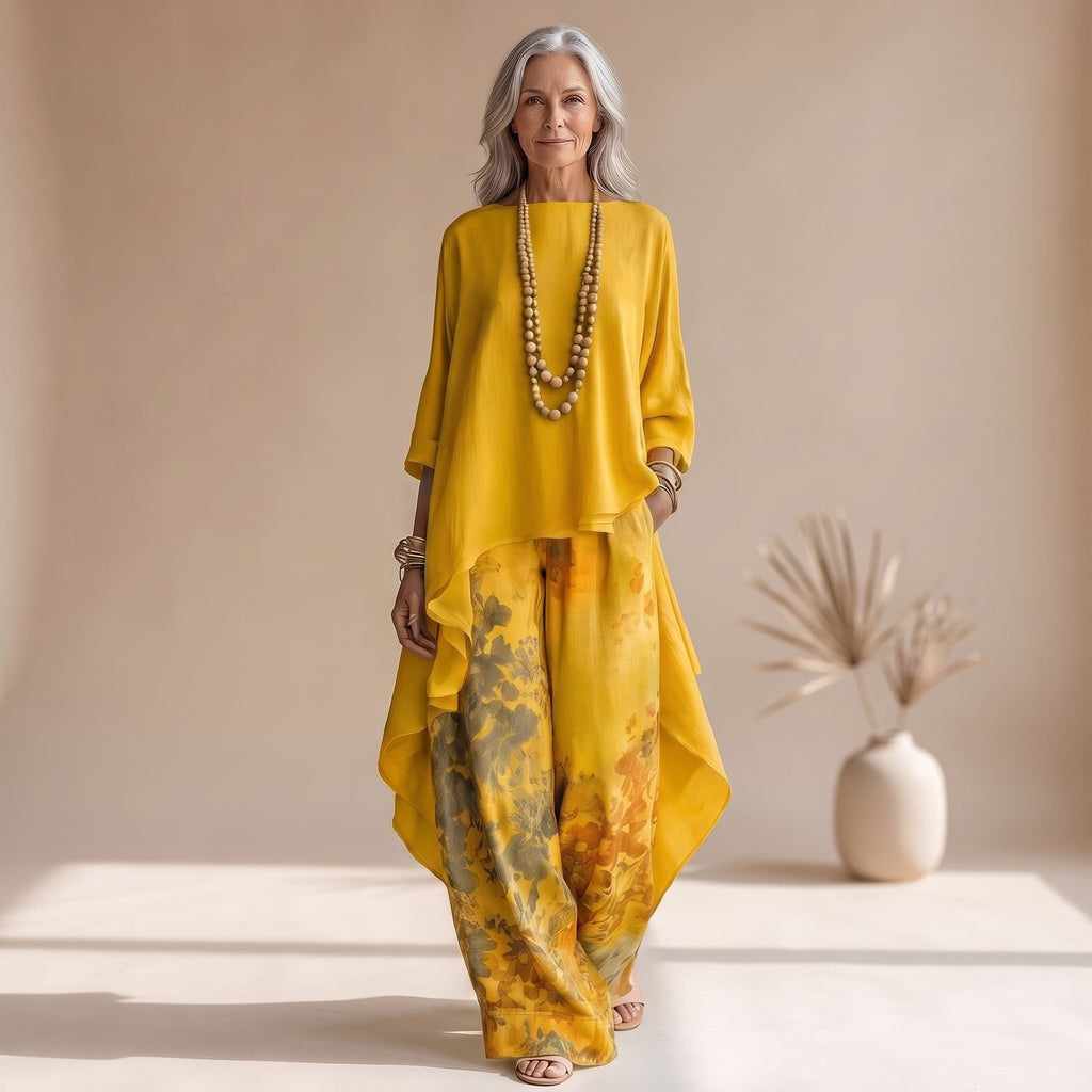 Women's Two Piece Set Asymmetrical Top Wide-Leg Floral Pants - Yellow