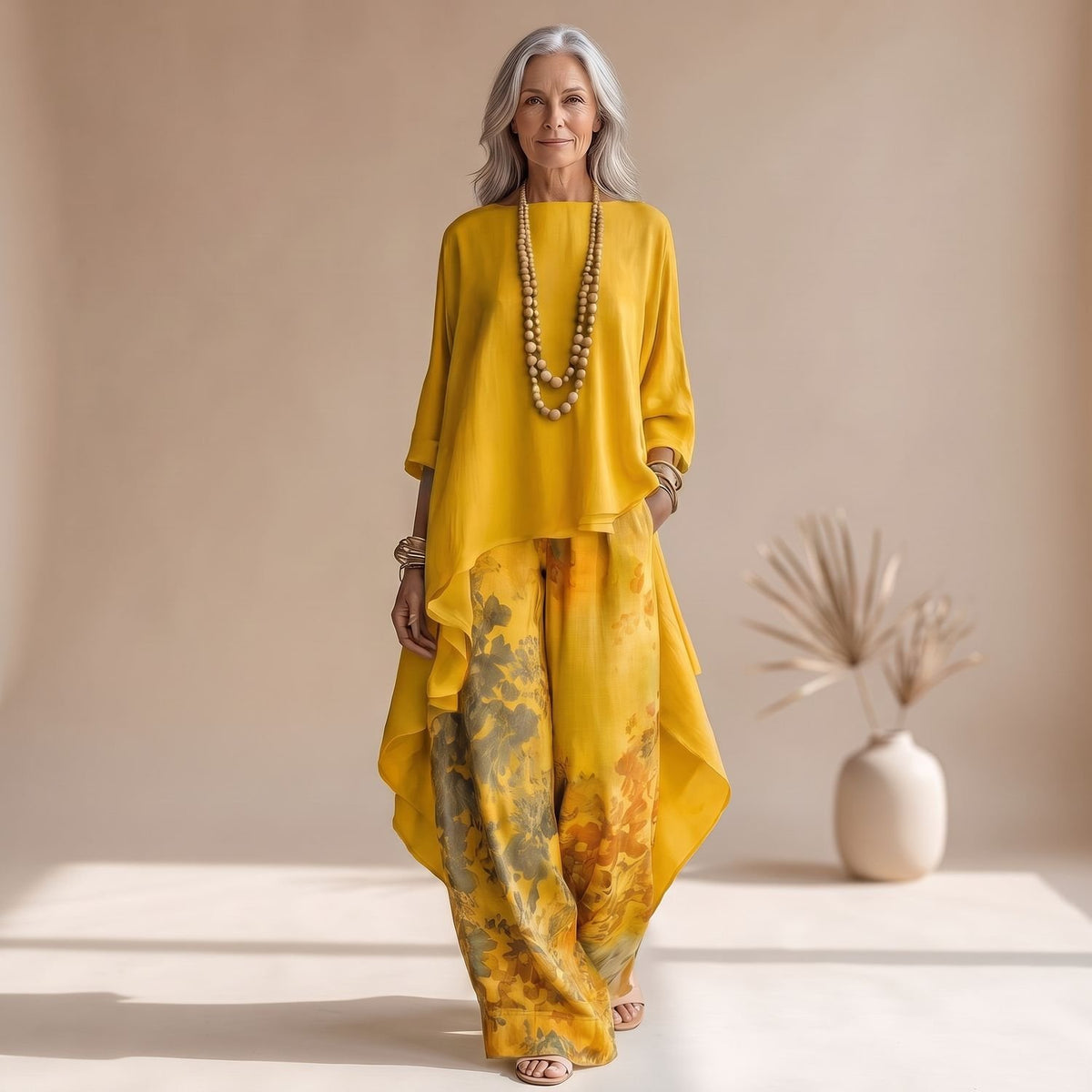 Women's Two Piece Set Asymmetrical Top Wide-Leg Floral Pants - Yellow