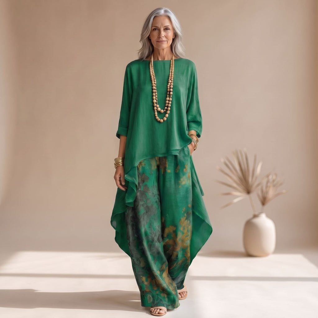 Women's Two Piece Set Asymmetrical Top Wide-Leg Floral Pants - Green