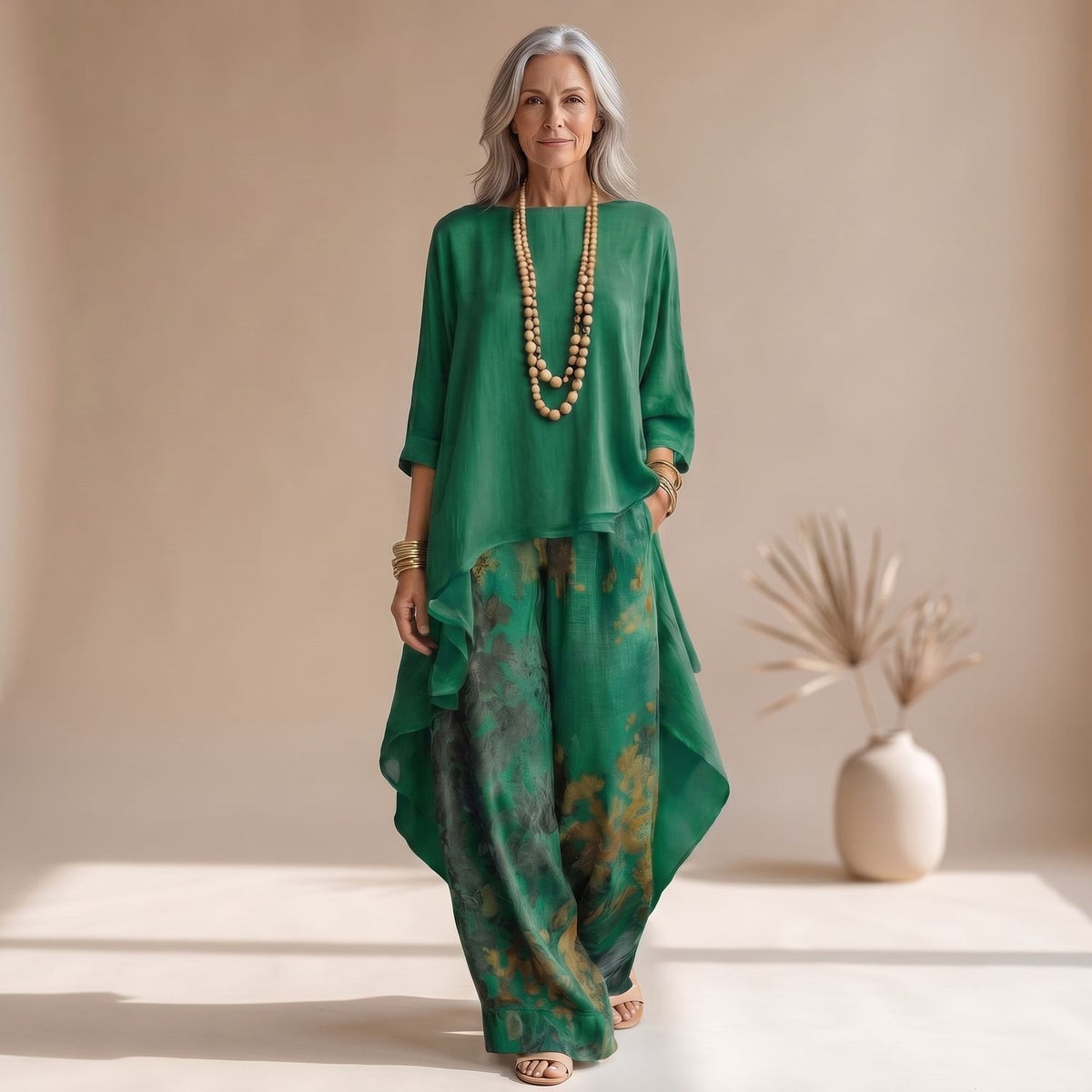 Women's Two Piece Set Asymmetrical Top Wide-Leg Floral Pants - Green