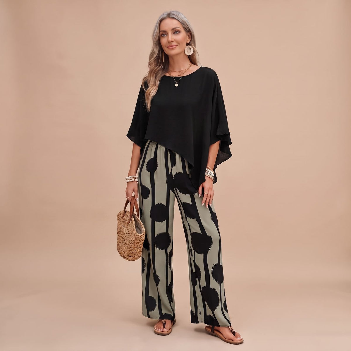 Women's Two Piece Set Batwing Top Wide-Leg Printed Pants