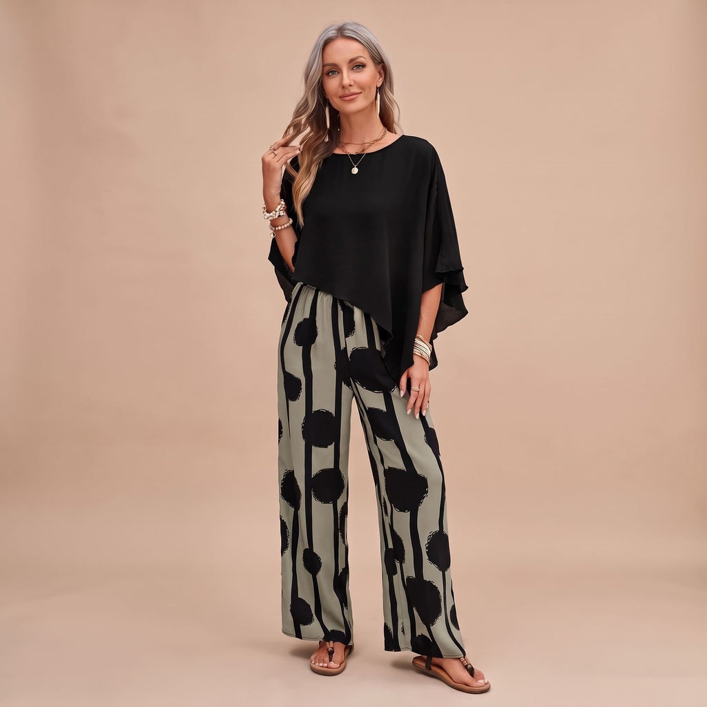 Women's Two Piece Set Batwing Top Wide-Leg Printed Pants