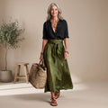 Women's Two Piece Set Black Button Shirt Olive Midi Skirt - Black and Olive Green