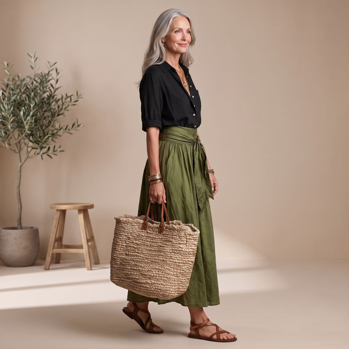 Women's Two Piece Set Black Button Shirt Olive Midi Skirt