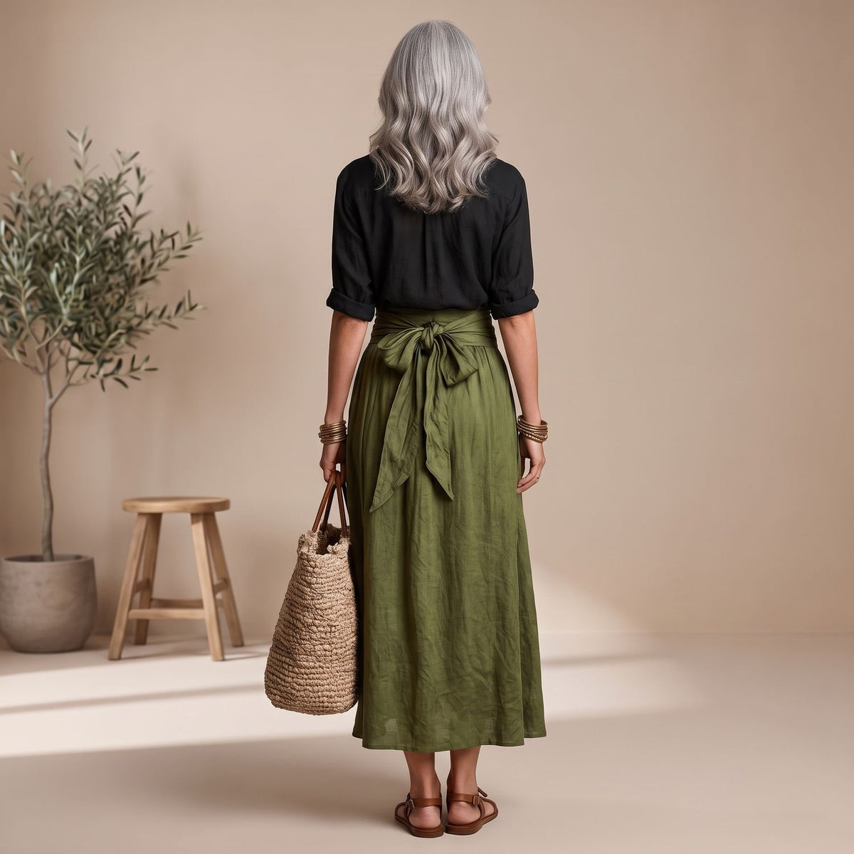 Women's Two Piece Set Black Button Shirt Olive Midi Skirt