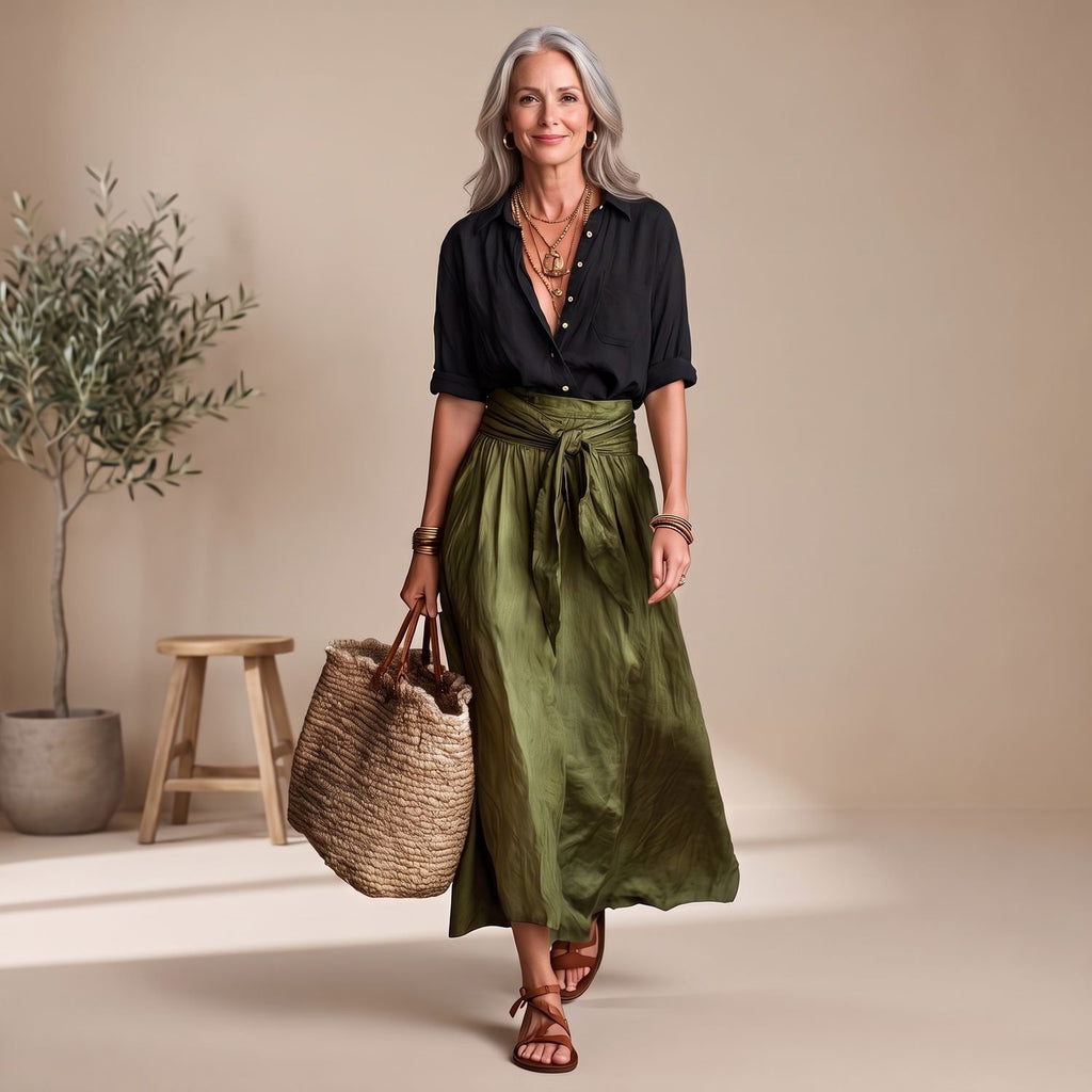Women's Two Piece Set Black Button Shirt Olive Midi Skirt