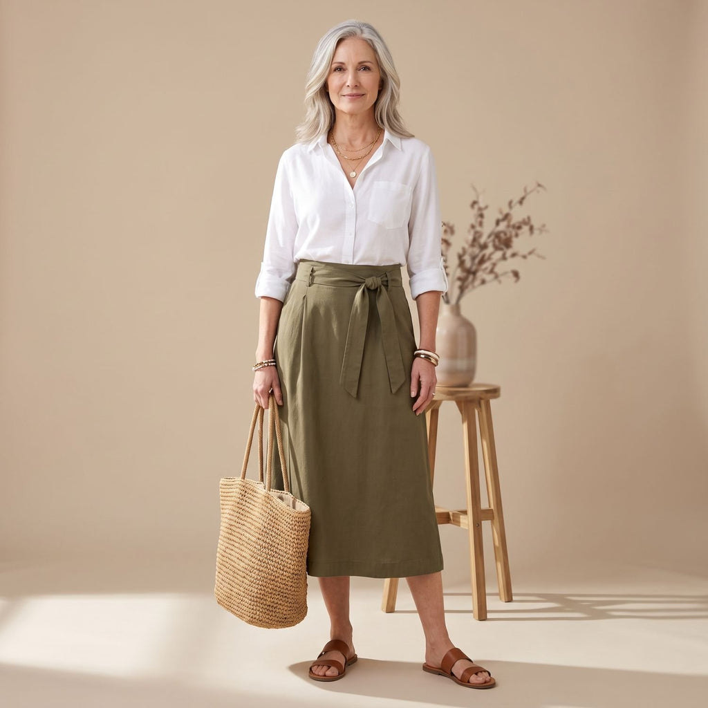 Women's Two Piece Set Black Button Shirt Olive Midi Skirt - White