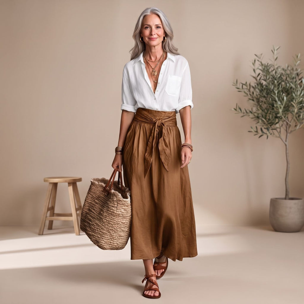 Women's Two Piece Set Black Button Shirt Olive Midi Skirt - Brown