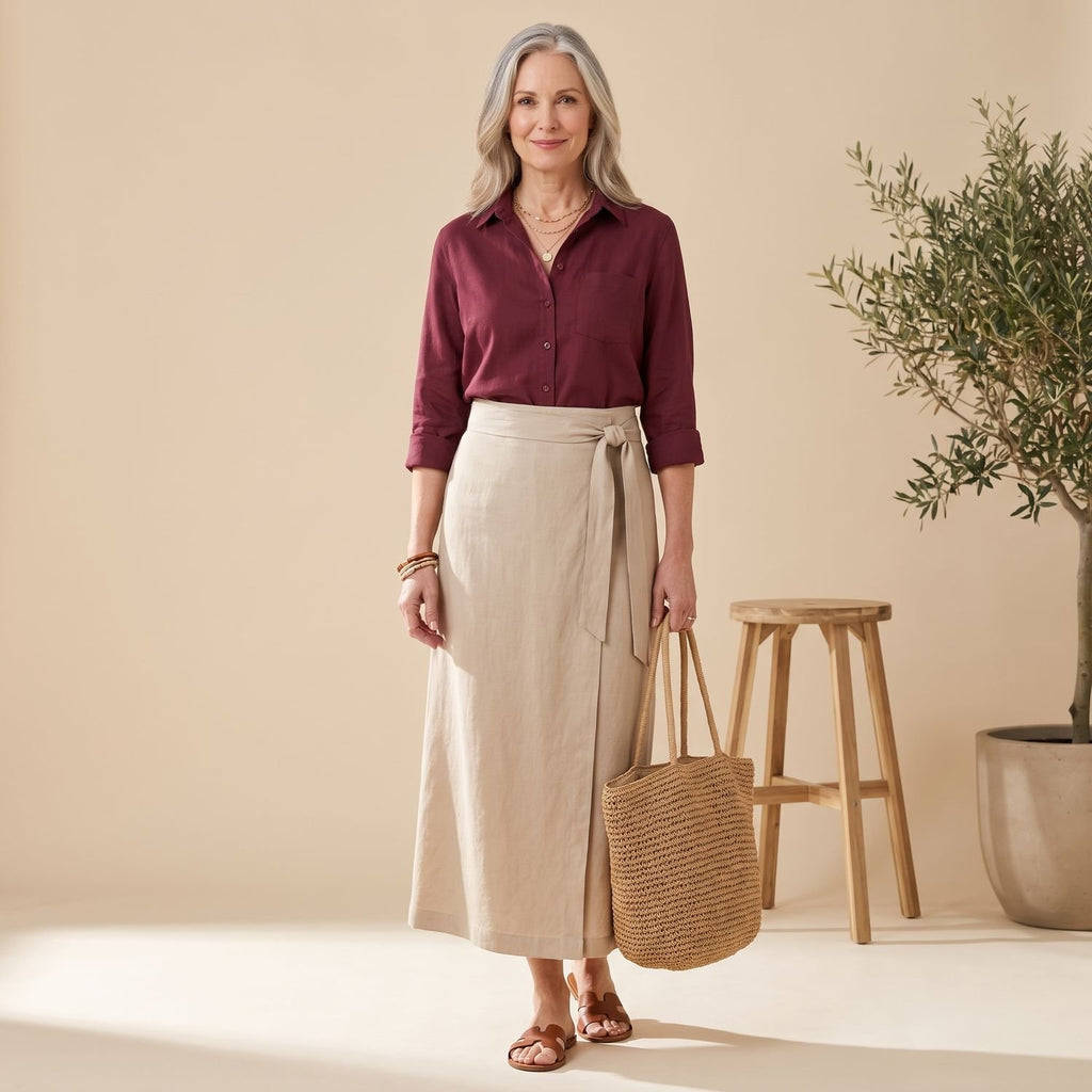 Women's Two Piece Set Black Button Shirt Olive Midi Skirt - Red
