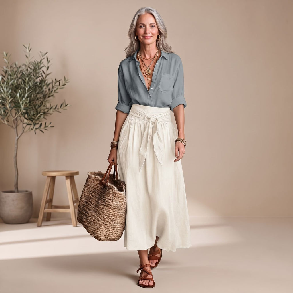 Women's Two Piece Set Black Button Shirt Olive Midi Skirt - Light Blue
