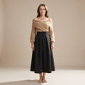Women's Two Piece Set Crossover Off-Shoulder Sweater A-Line Midi Skirt - Brown