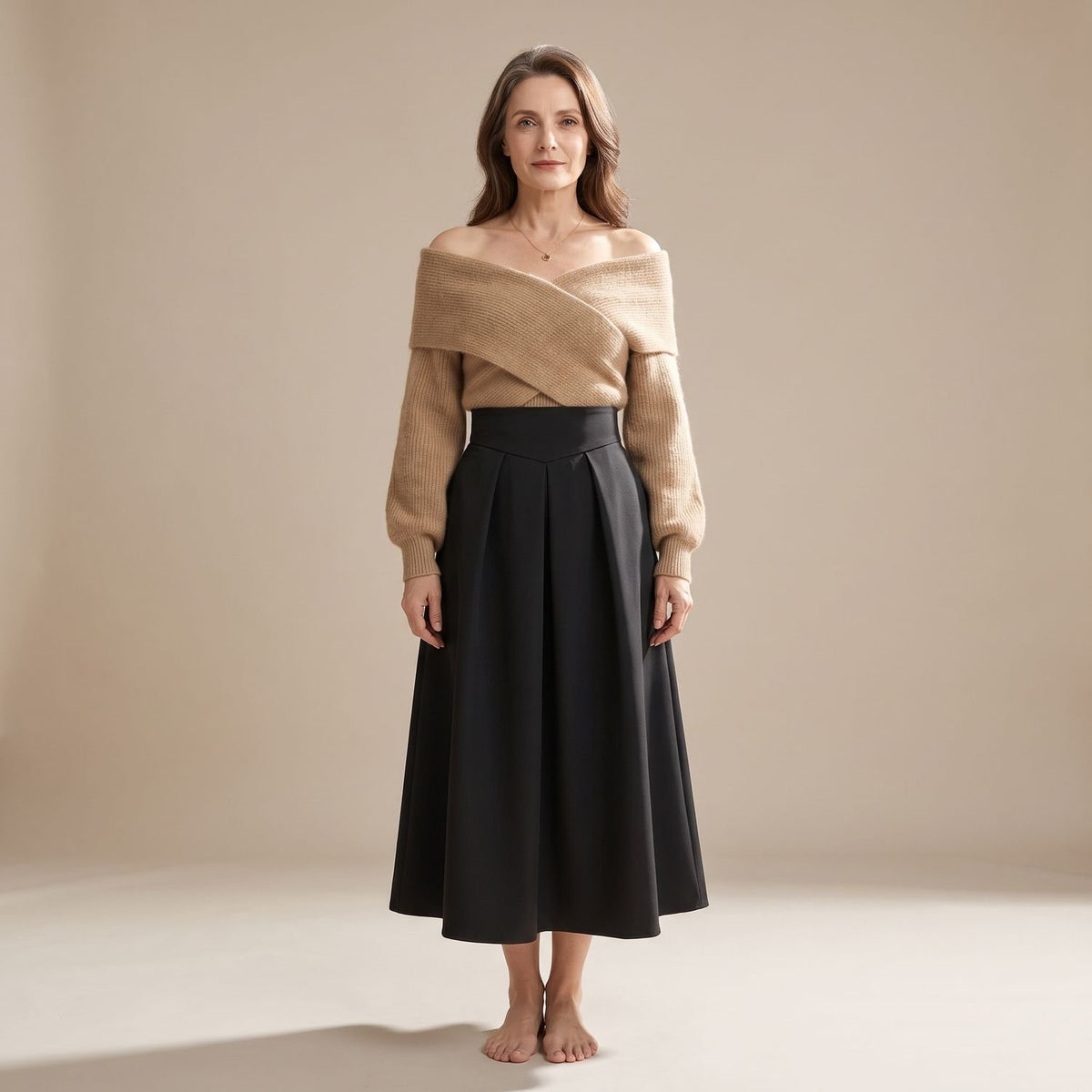 Women's Two Piece Set Crossover Off-Shoulder Sweater A-Line Midi Skirt - Brown