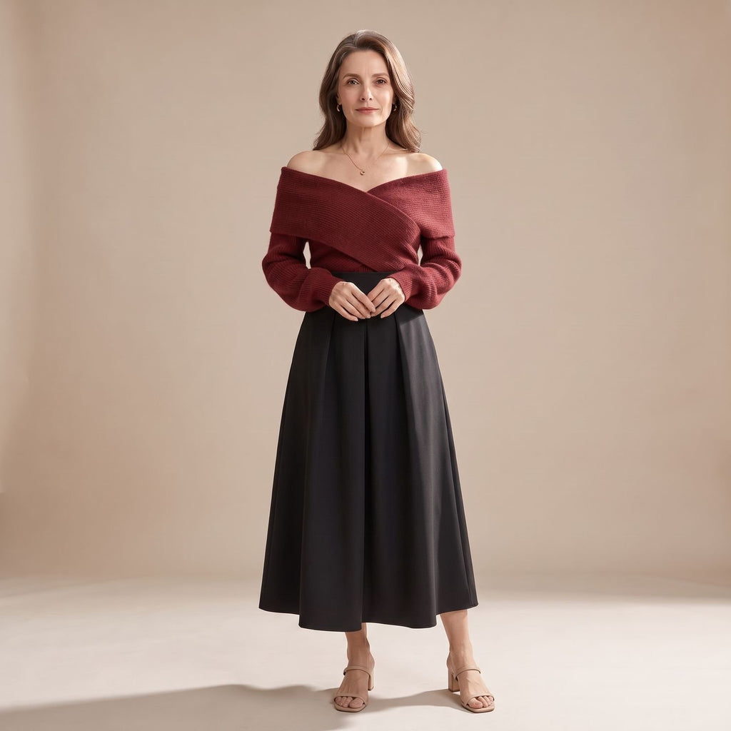 Women's Two Piece Set Crossover Off-Shoulder Sweater A-Line Midi Skirt - Red