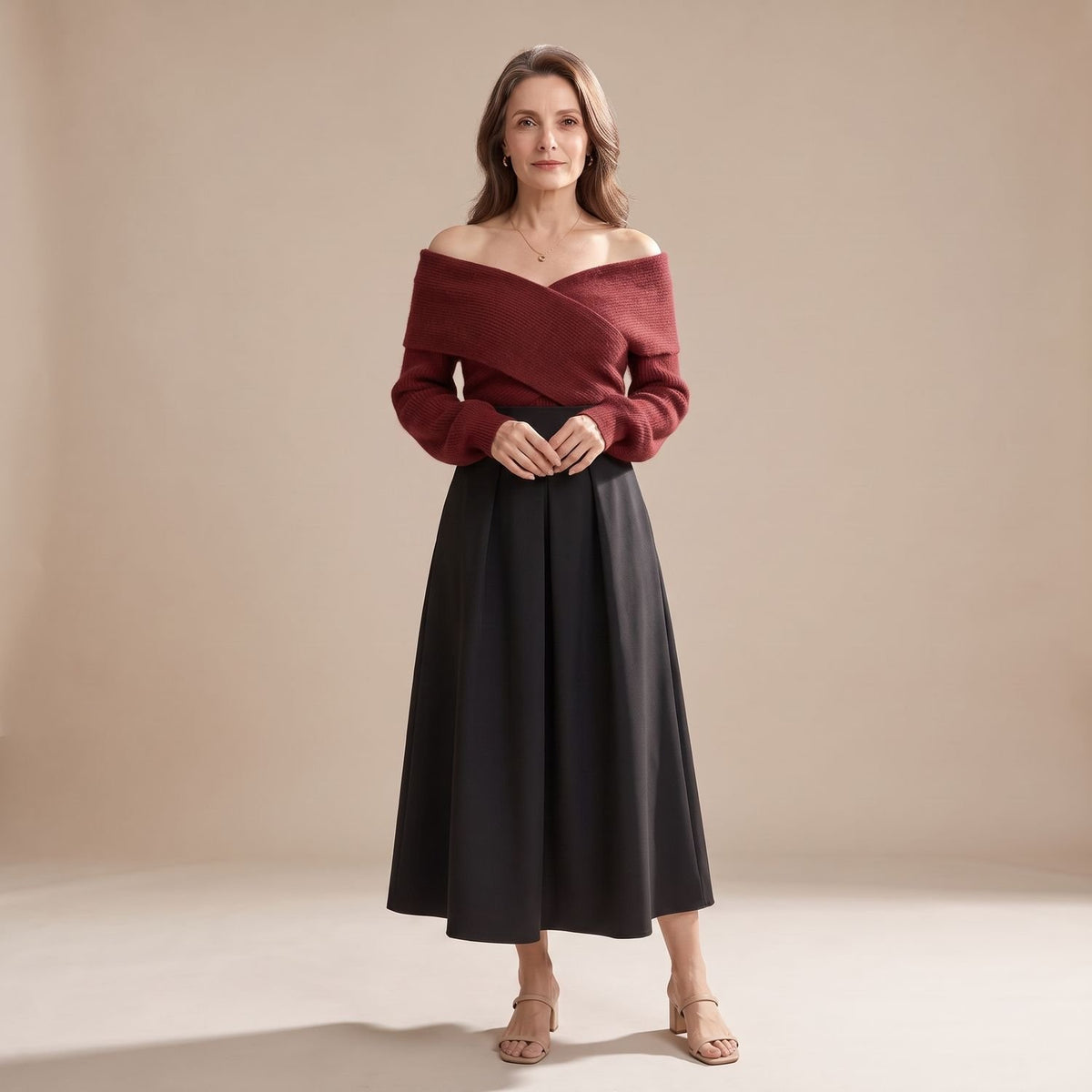 Women's Two Piece Set Crossover Off-Shoulder Sweater A-Line Midi Skirt - Red