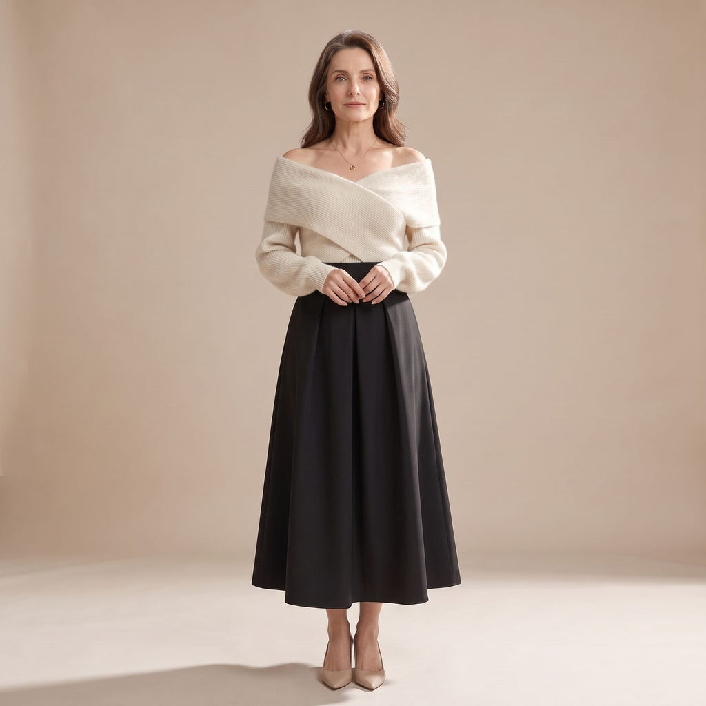 Women's Two Piece Set Crossover Off-Shoulder Sweater A-Line Midi Skirt - Beige