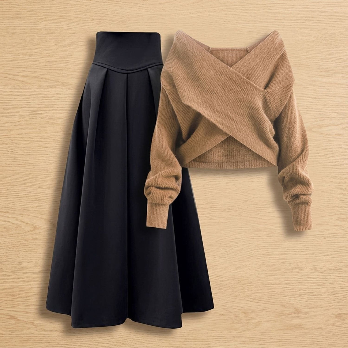Women's Two Piece Set Crossover Off-Shoulder Sweater A-Line Midi Skirt