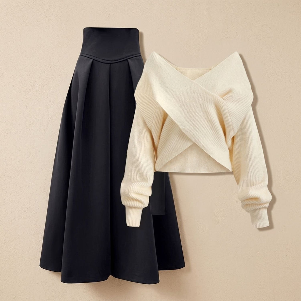 Women's Two Piece Set Crossover Off-Shoulder Sweater A-Line Midi Skirt