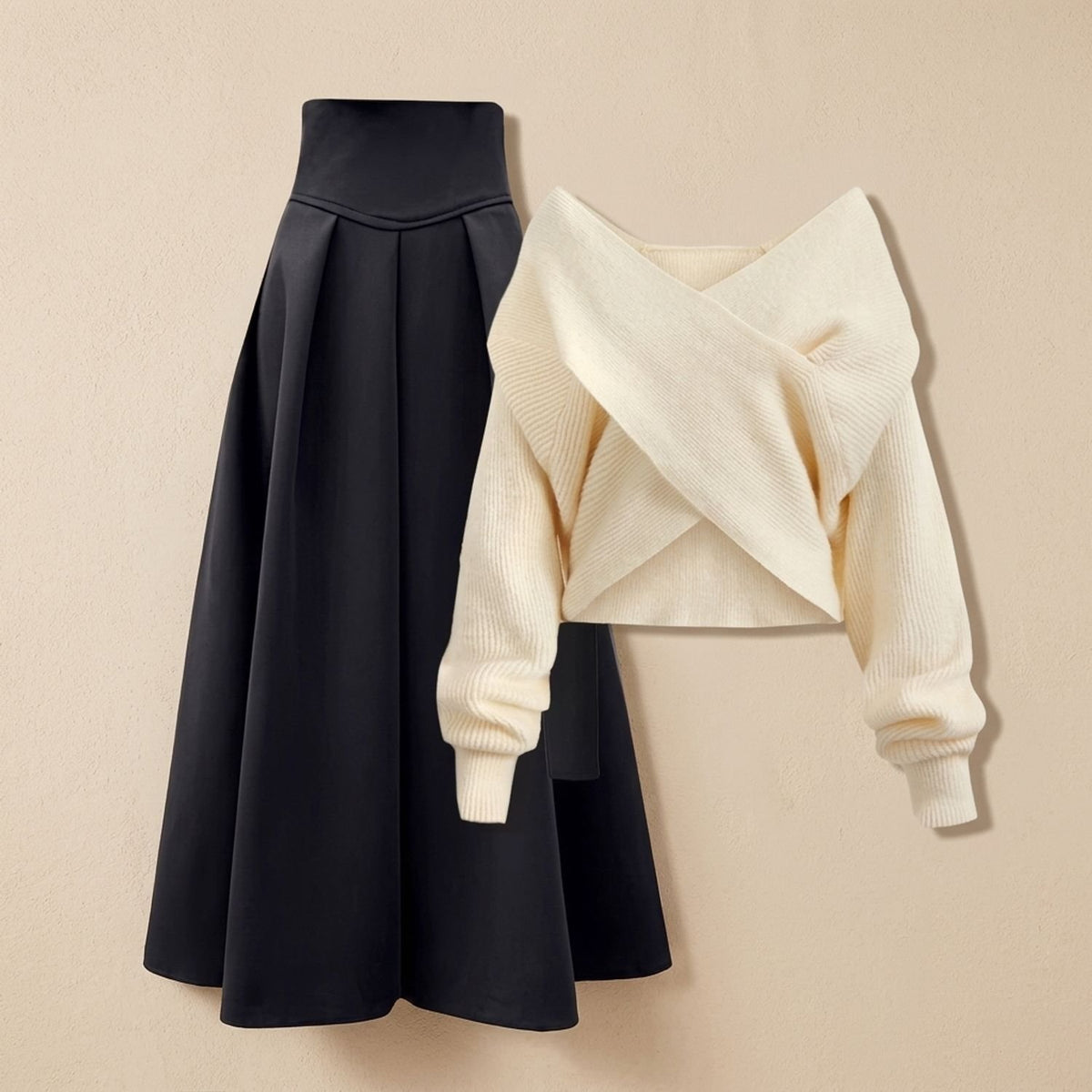 Women's Two Piece Set Crossover Off-Shoulder Sweater A-Line Midi Skirt