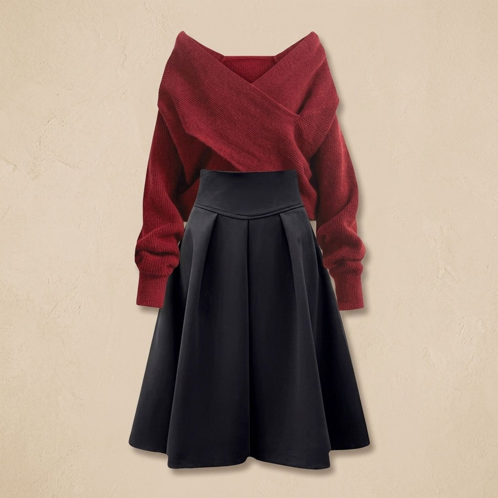 Women's Two Piece Set Crossover Off-Shoulder Sweater A-Line Midi Skirt