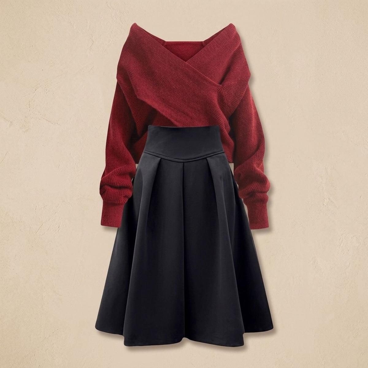 Women's Two Piece Set Crossover Off-Shoulder Sweater A-Line Midi Skirt