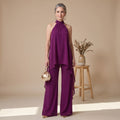 Women's Two Piece Set Halter Asymmetric Tunic Wide Leg Pants - Purple