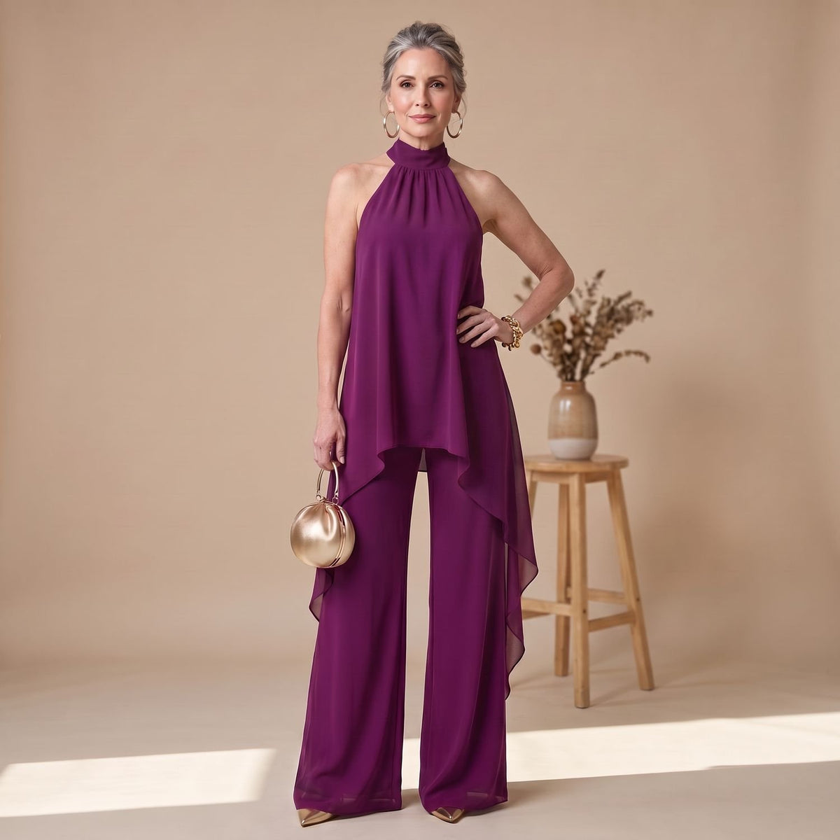 Women's Two Piece Set Halter Asymmetric Tunic Wide Leg Pants