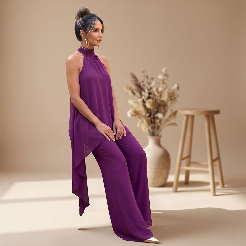 Women's Two Piece Set Halter Asymmetric Tunic Wide Leg Pants