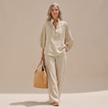 Women's Two Piece Set Linen-Look Wide-Leg Pants Button Top - Khaki