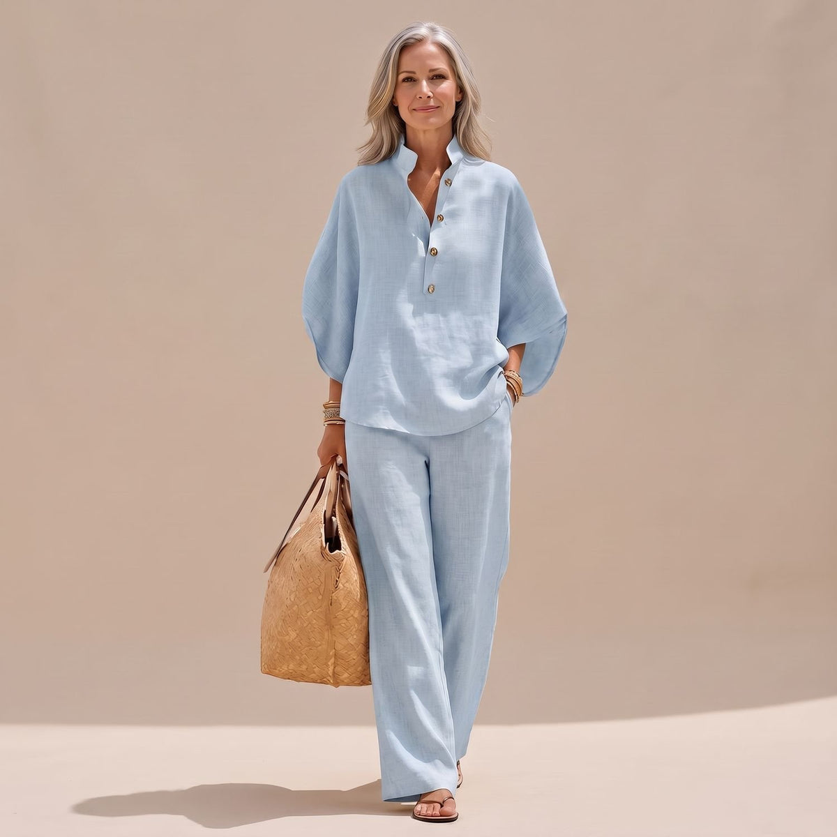 Women's Two Piece Set Linen-Look Wide-Leg Pants Button Top - Light Blue