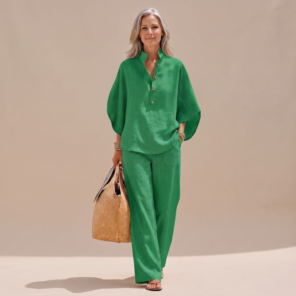 Women's Two Piece Set Linen-Look Wide-Leg Pants Button Top - Green