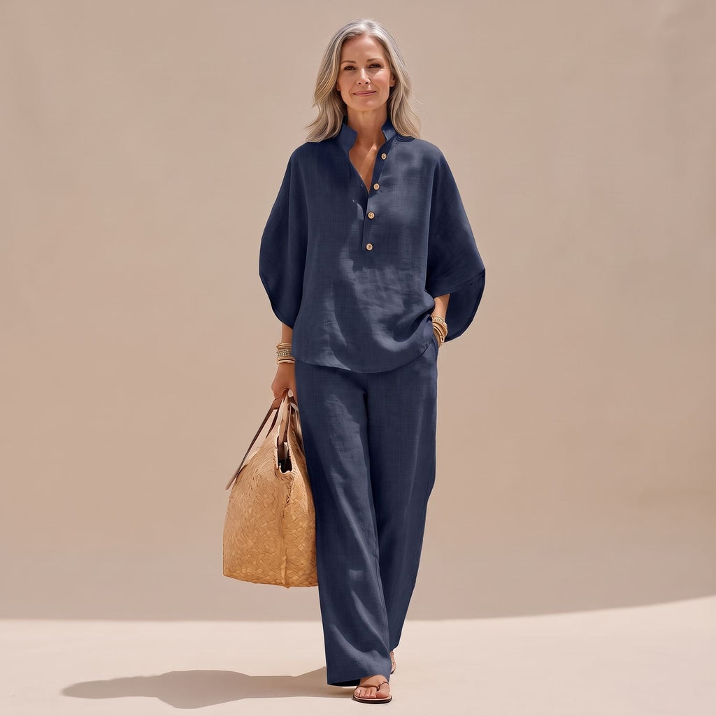 Women's Two Piece Set Linen-Look Wide-Leg Pants Button Top - Dark Blue