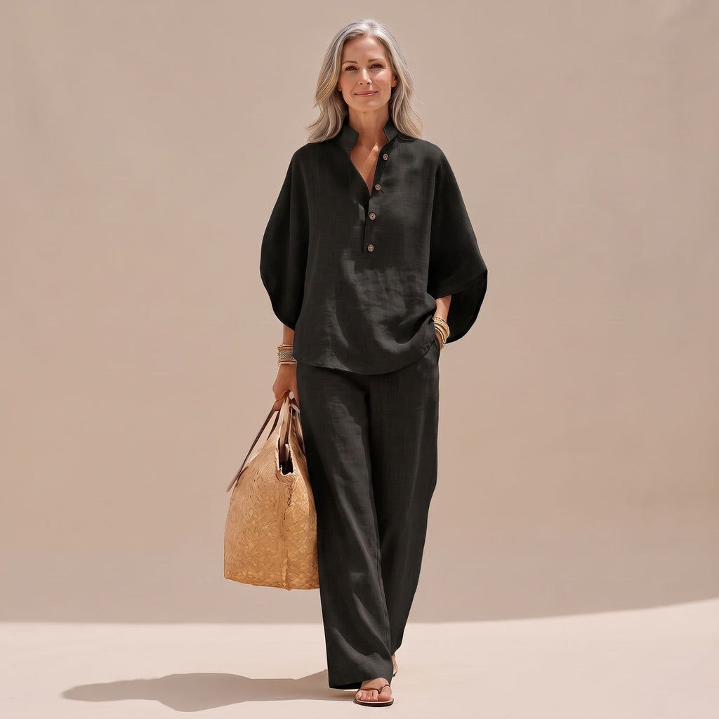 Women's Two Piece Set Linen-Look Wide-Leg Pants Button Top - Black