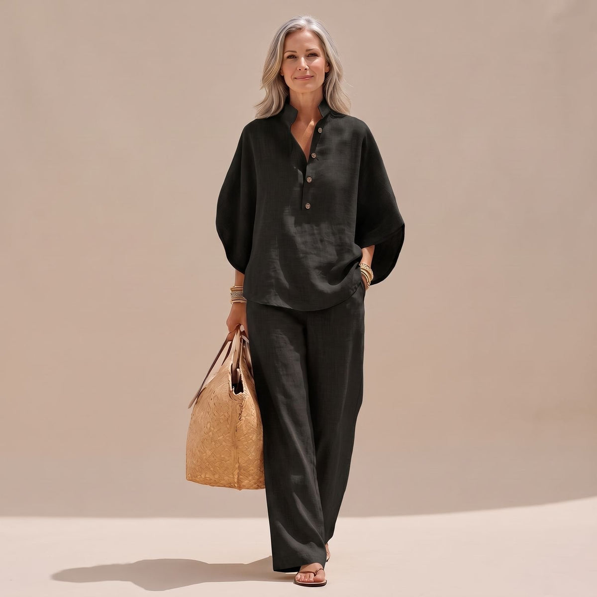 Women's Two Piece Set Linen-Look Wide-Leg Pants Button Top - Black