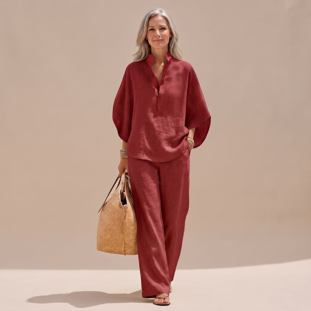 Women's Two Piece Set Linen-Look Wide-Leg Pants Button Top - Burgundy