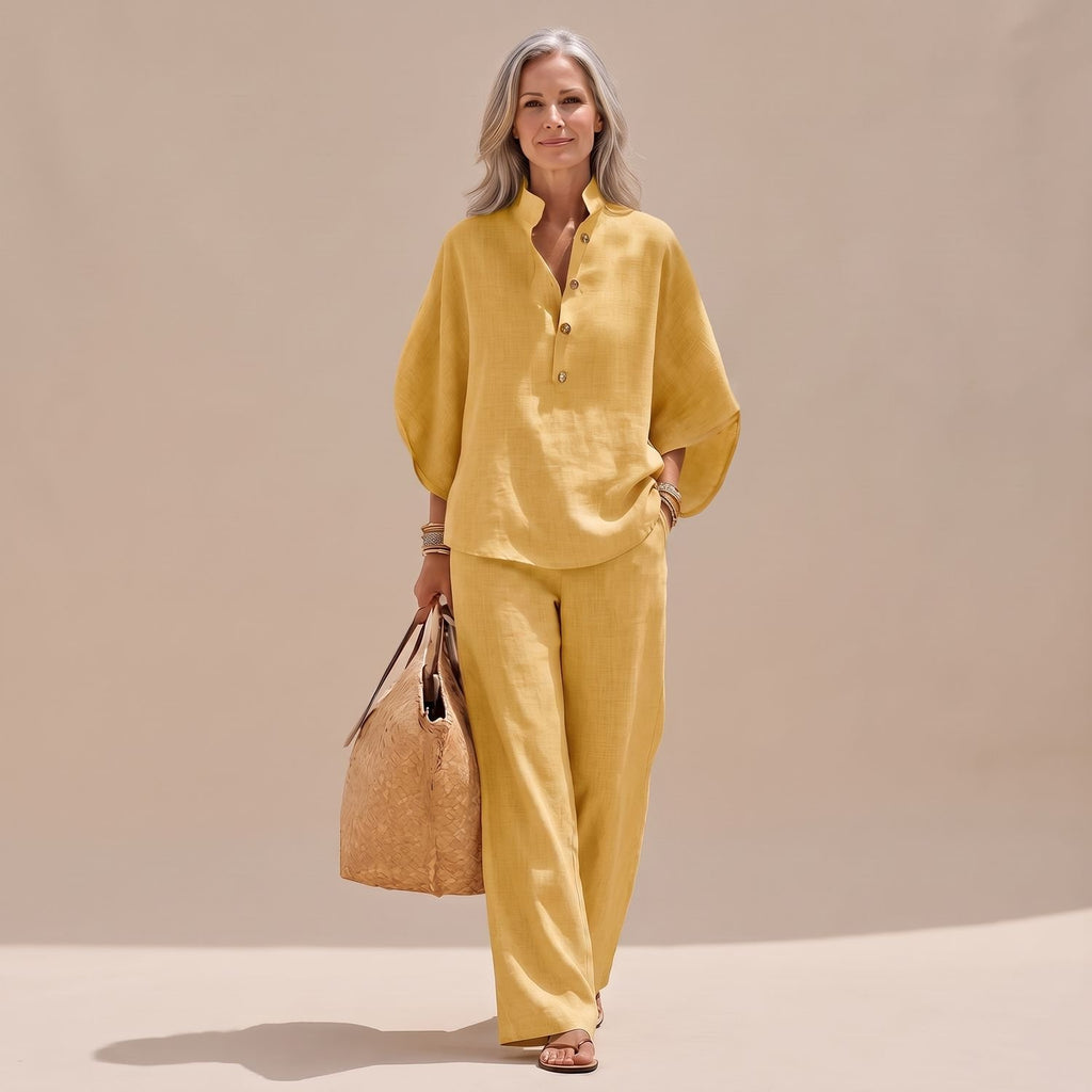 Women's Two Piece Set Linen-Look Wide-Leg Pants Button Top - Yellow