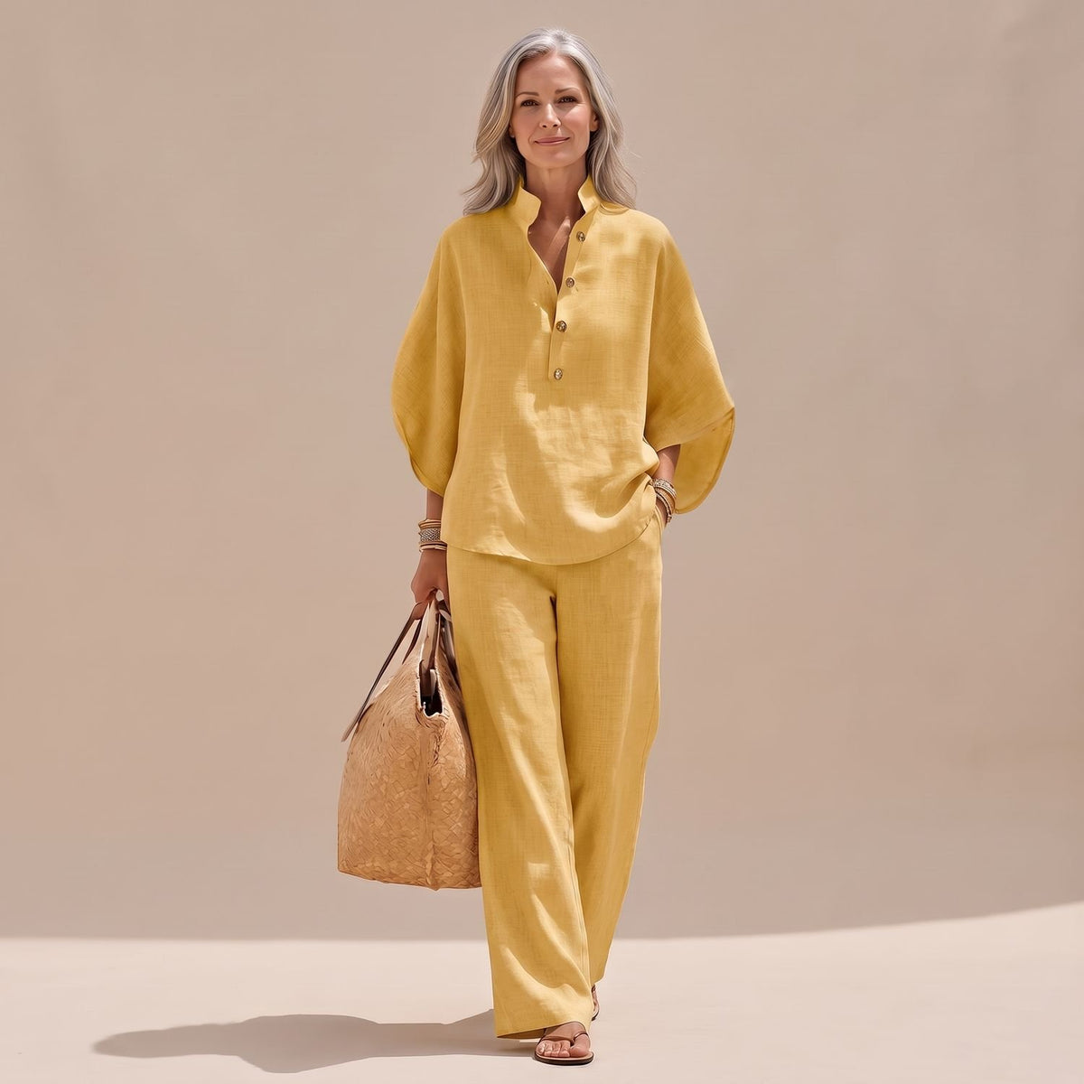 Women's Two Piece Set Linen-Look Wide-Leg Pants Button Top - Yellow