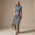 Women's Two Piece Set Mock-Neck Crop Top Sheer Mesh Draped Maxi Skirt - Blue