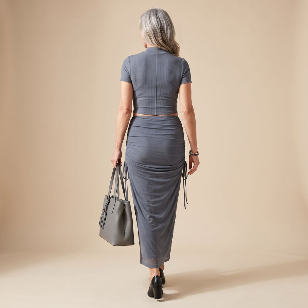 Women's Two Piece Set Mock-Neck Crop Top Sheer Mesh Draped Maxi Skirt
