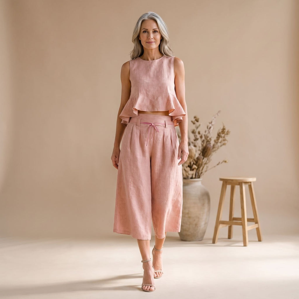 Women's Two Piece Set Ruffled Crop Top Wide-Leg Culottes - Pink
