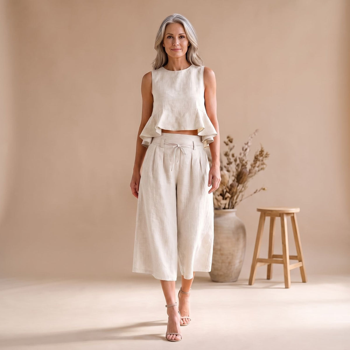 Women's Two Piece Set Ruffled Crop Top Wide-Leg Culottes - White