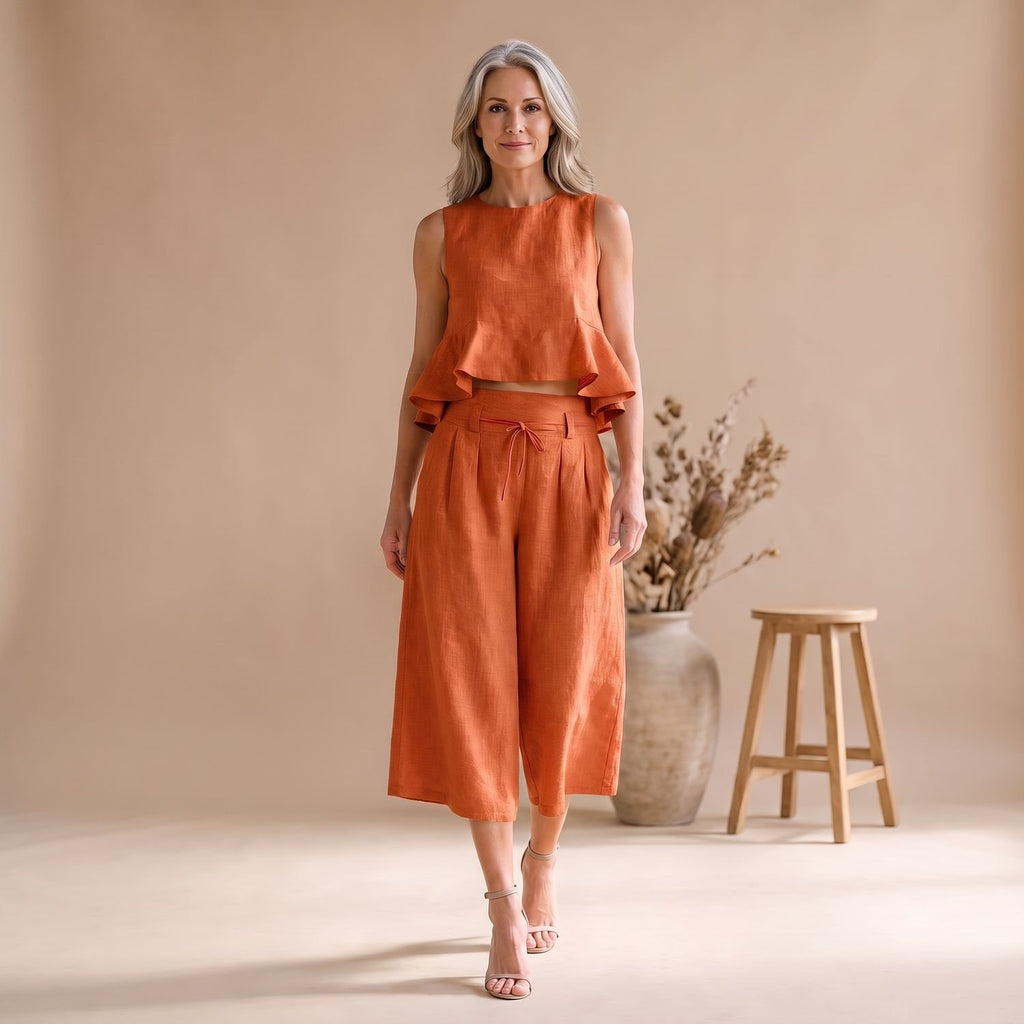 Women's Two Piece Set Ruffled Crop Top Wide-Leg Culottes - Orange