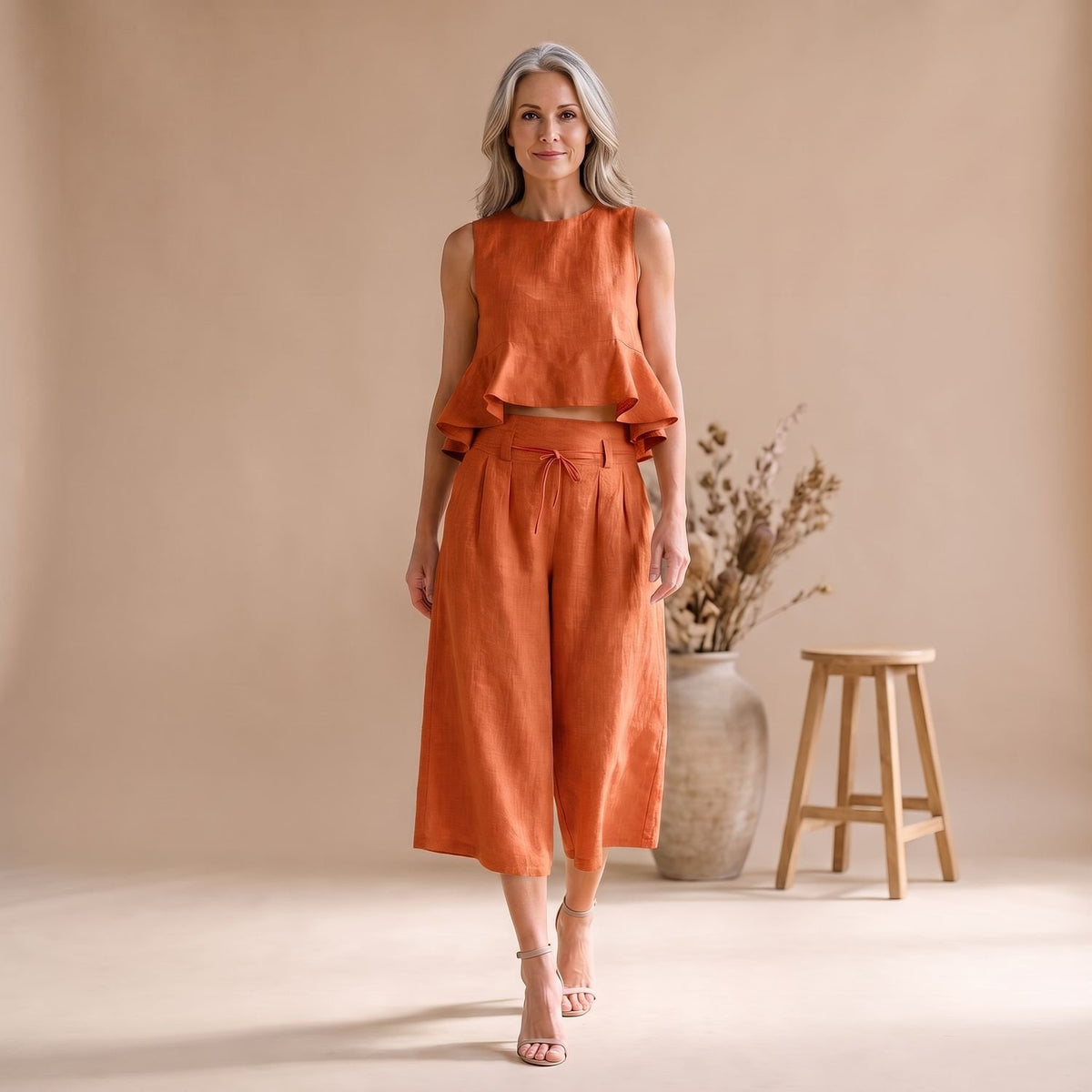 Women's Two Piece Set Ruffled Crop Top Wide-Leg Culottes - Orange
