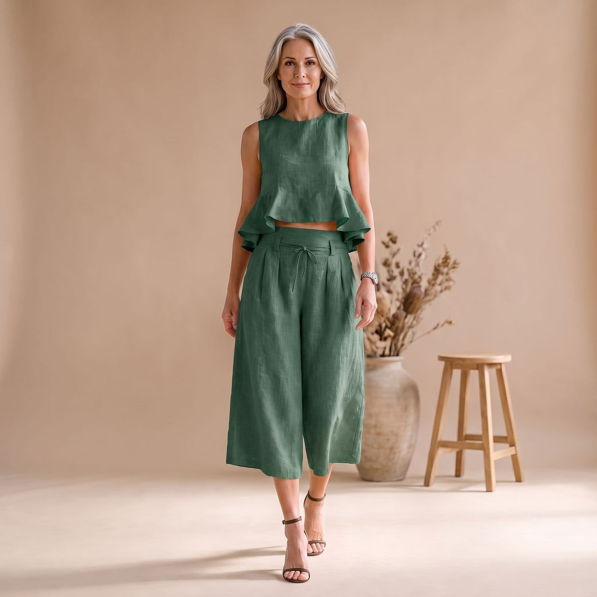 Women's Two Piece Set Ruffled Crop Top Wide-Leg Culottes - Green